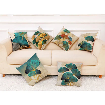 غطاء وسادة من الكتان بنقشة أوراق الجنكة من DecorBites™ للديكور المنزلي العصري وغرفة المعيشة