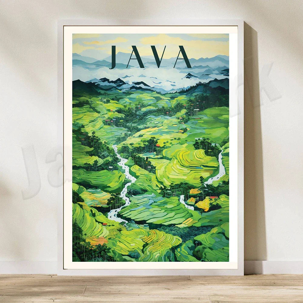 DecorBites™ Bali Surfing Poster - Uluwatu, Canggu, Pererenan Estuary, Borobudur, Komodo, Rice Field Illustration
