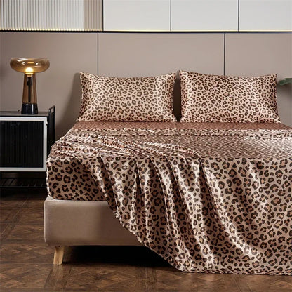 Luxury Satin Leopard Print Bed Sheet Set by Decobites - Queen/King Size