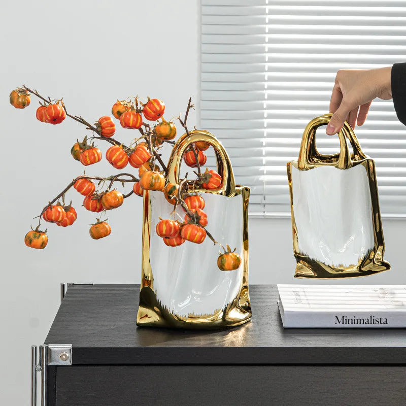 Jarrón Bolso de Oro Decorbites™: Arreglo Floral Cerámico Creativo Terrario para Decoración del Hogar