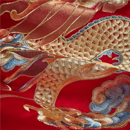 Decobites Red Chinese Wedding Luxury Bedding Set with Dragon Phoenix Embroidery