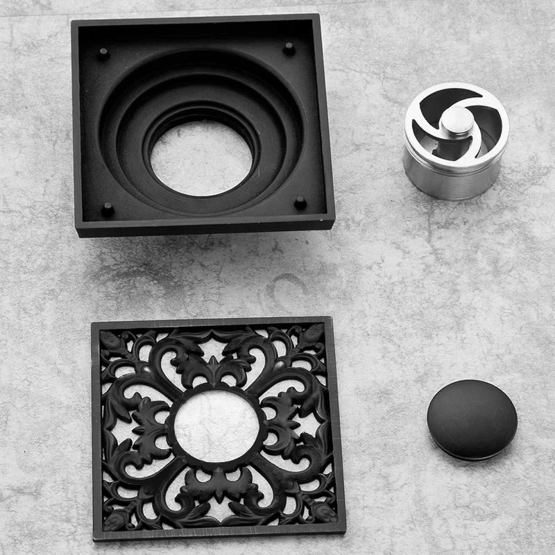DecorBites™ Black Brass Shower Drain Strainer Floor Cover Square Art Carved Grate Basins SY-073R