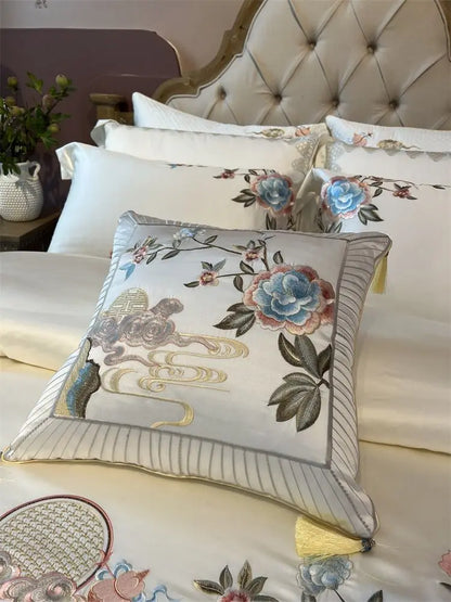 Decobites Luxe Peony Embroidered Bedding Set with Egyptian Cotton, Duvet Cover, Sheet, Pillowcase