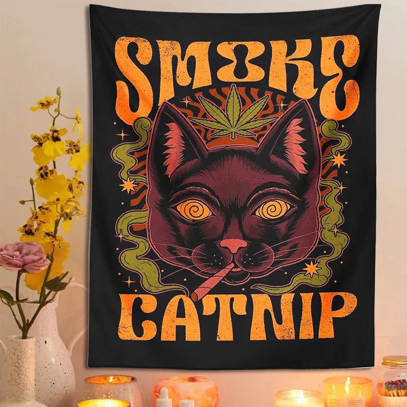 Decobites Smoke Catnip Tapestry Wall Hanging Tarot Cat Mysterious Divination Witchcraft Dorm Decor