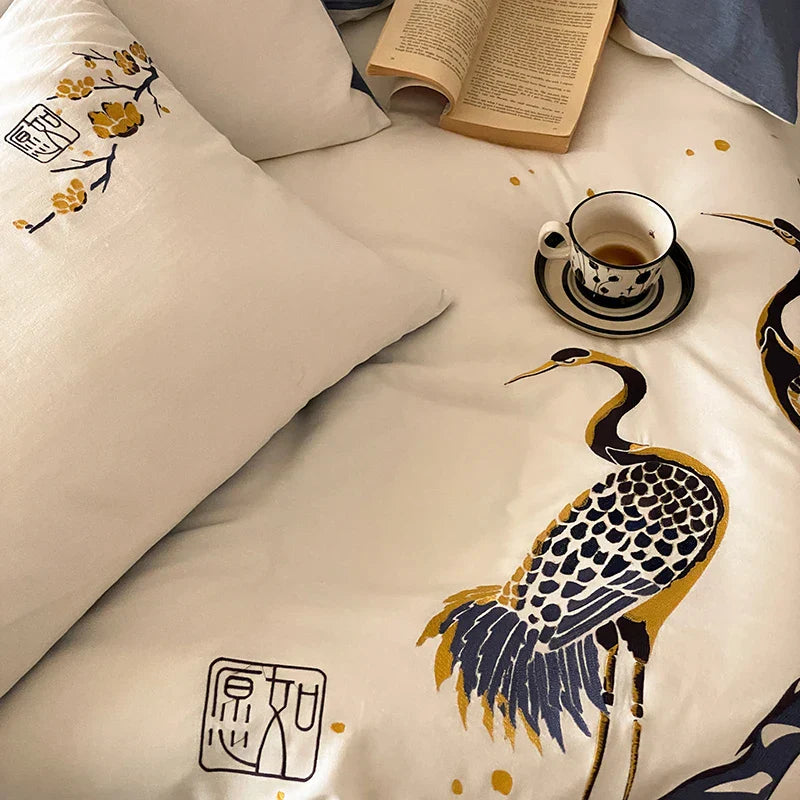 Decobites Red-crowned Crane Embroidery Bedding Set, 40S Washed Cotton, Soft & Skin Friendly