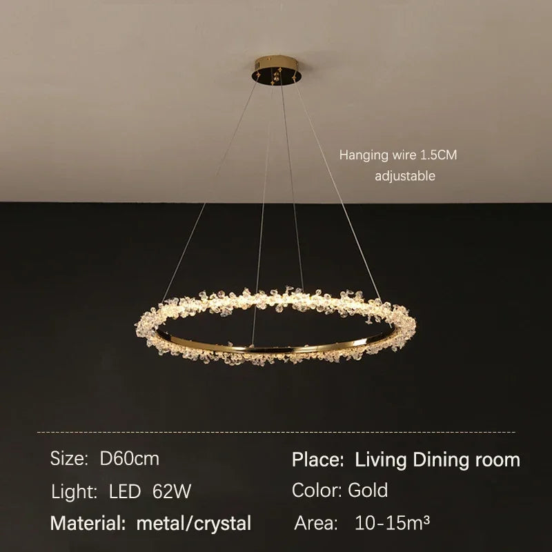 DecorBites™ Golden Round Crystal Chandelier | Nordic Luxury LED Halo Chandelier for Living Room