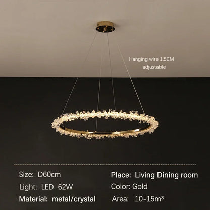 DecorBites™ Golden Round Crystal Chandelier | Nordic Luxury LED Halo Chandelier for Living Room