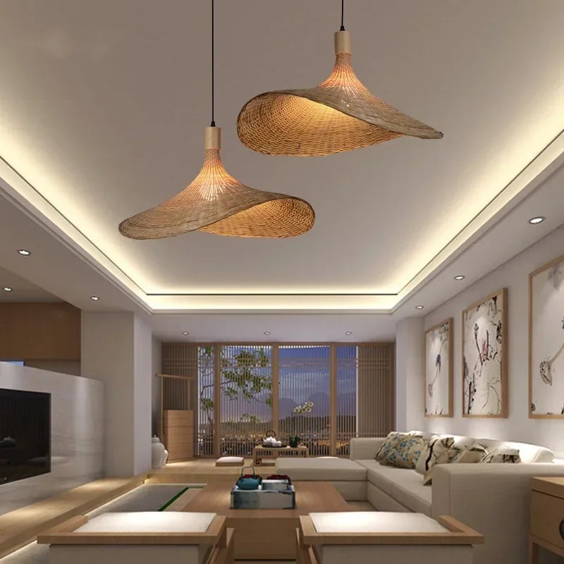 Handwoven Bamboo Straw Hat Pendant Light