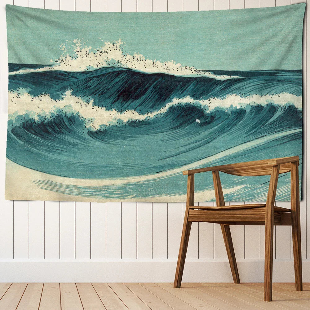 Decobites Blue Wave Oil Painting Tapestry Wall Hanging for Bohemian Style Room Decor