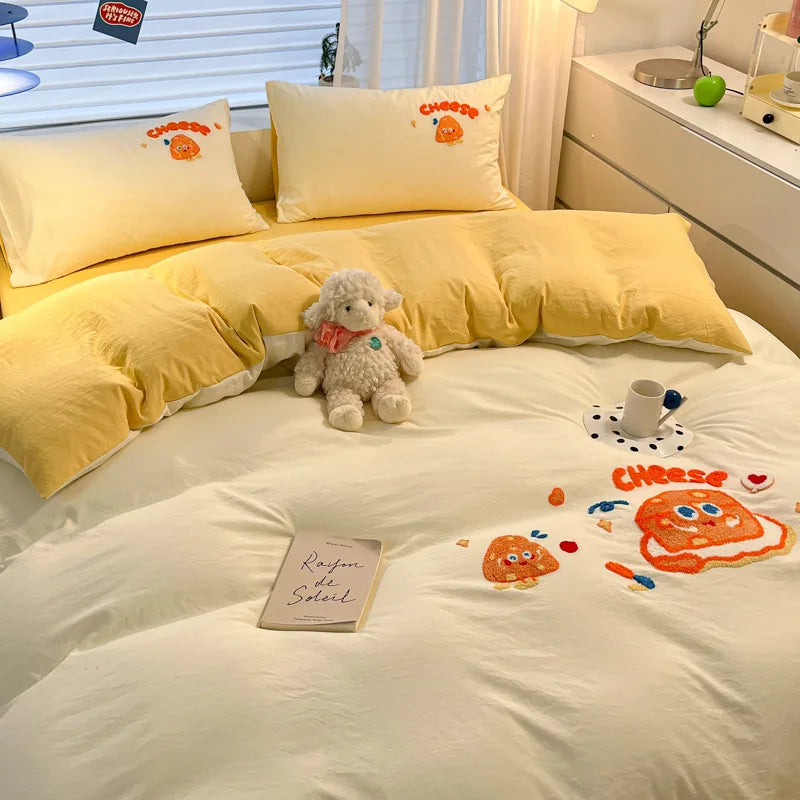 DecorBites™ Cartoon Embroidered Cotton Bedding Set for King/Queen Beds