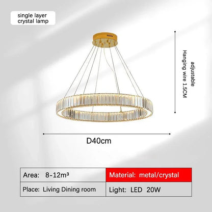 DecorBites™ Golden Crystal Chandelier: Nordic Modern Luxury LED Hanging Halo for Living Room