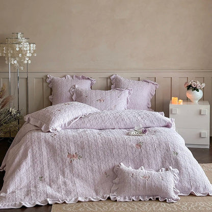 Decobites Pink Winter Milk Velvet Floral Ruffles Bedding Set