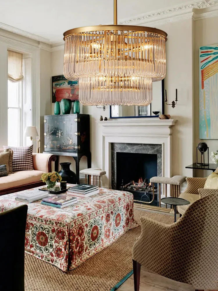 DecorBites™ Brass Glass Bar Chandelier 2025: Minimalist Luxury Hanglamp for Living Room