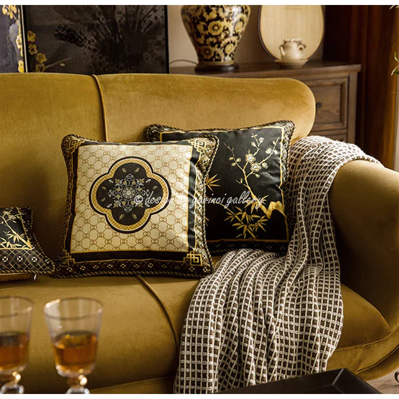 DecorBites™ Bamboo Black Gold Lumbar Pillow Covers - Oriental Chinese Style Luxury 30x50cm