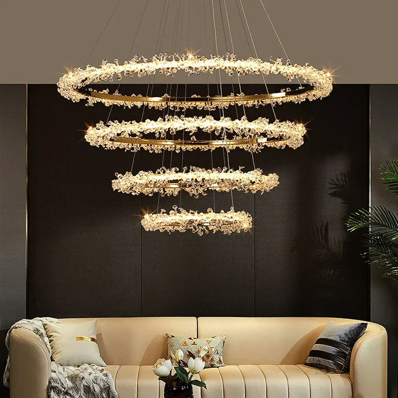 Decorbites™ Lámpara de Araña Redonda LED de Cristal Dorado para Iluminación de Lujo en Interiores