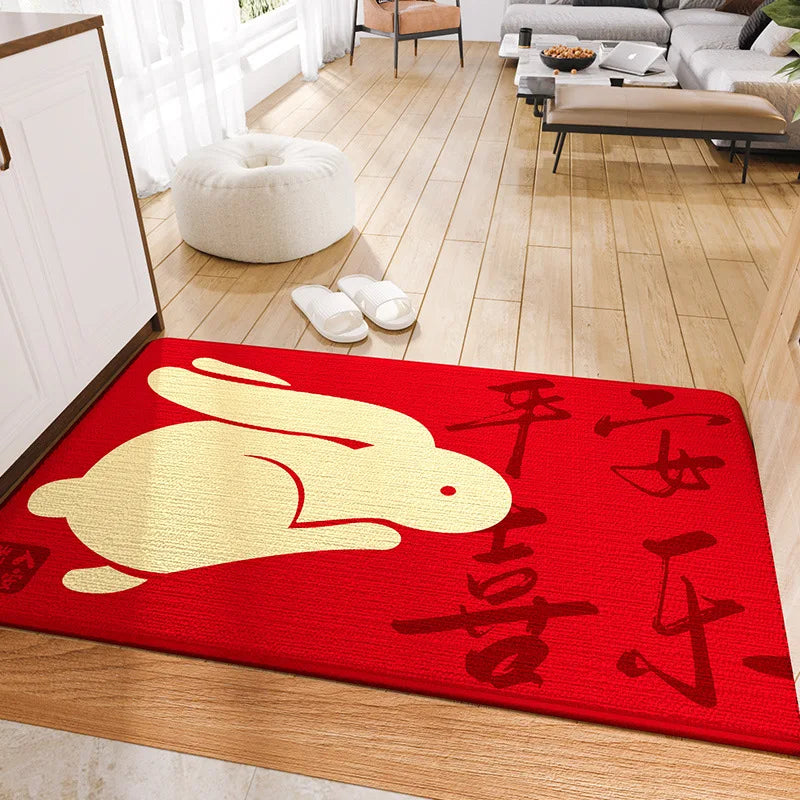 Decobites Red Tech Velvet Entrance Doormat: New Chinese Style, Anti-slip, Wear-resistant & Easy To Clean