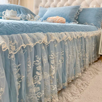 DecorBites™ Lace Princess Bedding Set with Velvet Bed Skirt & Quilt Cover