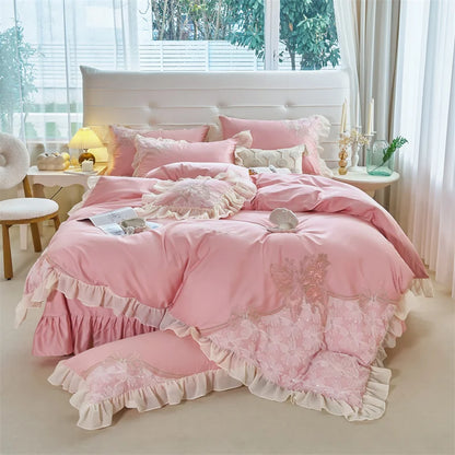 Decobites Pink Butterfly Embroidery Lace Princess Wedding Bedding Set