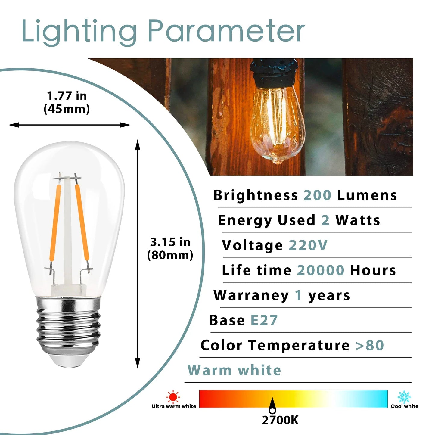 DecorBites™ Dimmable LED Filament Bulb Warm White 2700K Shatterproof Waterproof IP44