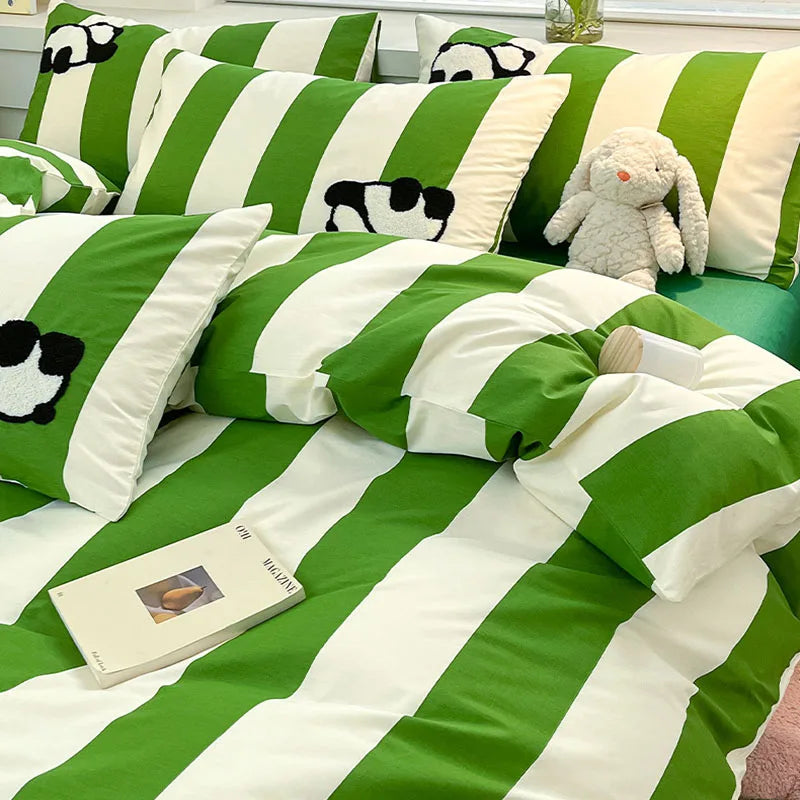 DecorBites™ Cat Embroidery Stripes Bedding Set - Single Queen Size Bedclothes