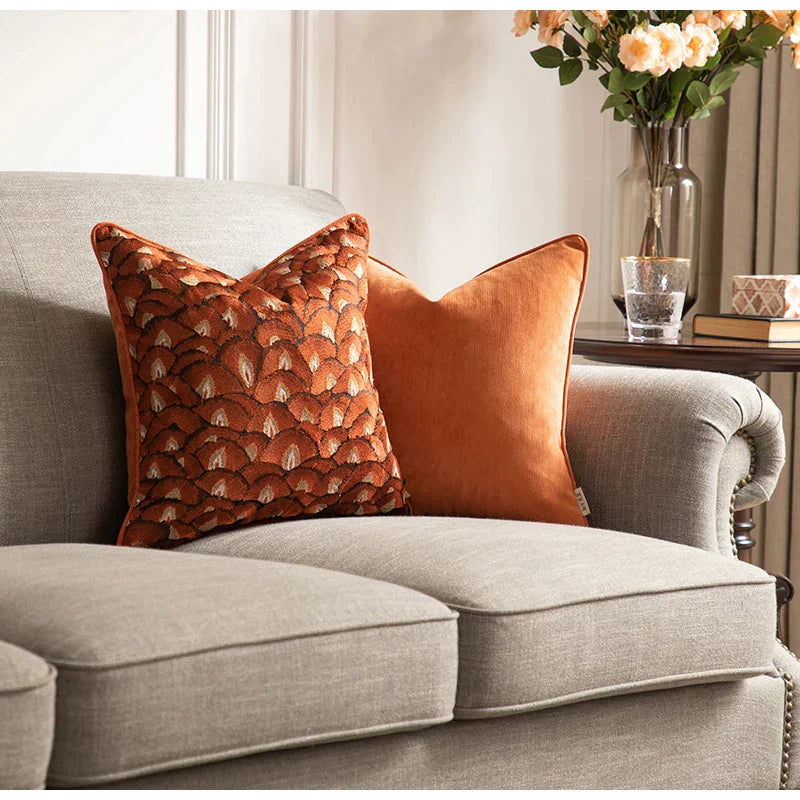 DecorBites™ Embroidered Geometry Pillow Case | Brick Red Retro Design | Sofa Cushion Cover