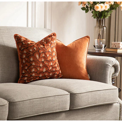 DecorBites™ Embroidered Geometry Pillow Case | Brick Red Retro Design | Sofa Cushion Cover