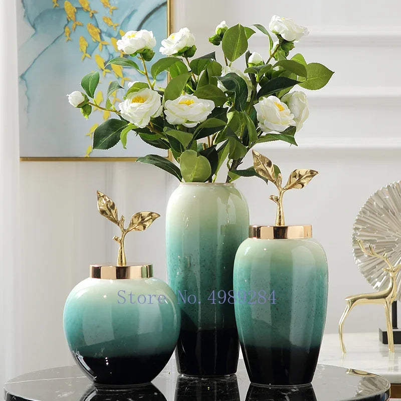 Jarrón Cerámico de Gradiente Decorbites™ con Tapa de Hojas Doradas para Decoración Moderna del Hogar y Bodas