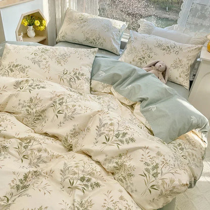 Juego de cama DecorBites™ de algodón con estampado floral a doble cara - Juego de funda nórdica suave tamaño Queen