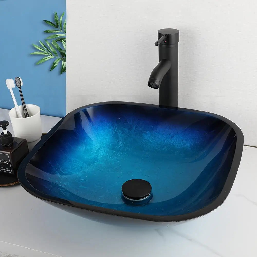Decorbites™ Gradient Blau Glas Waschbecken Armatur-Set mit Wasserfall-Mischbatterie