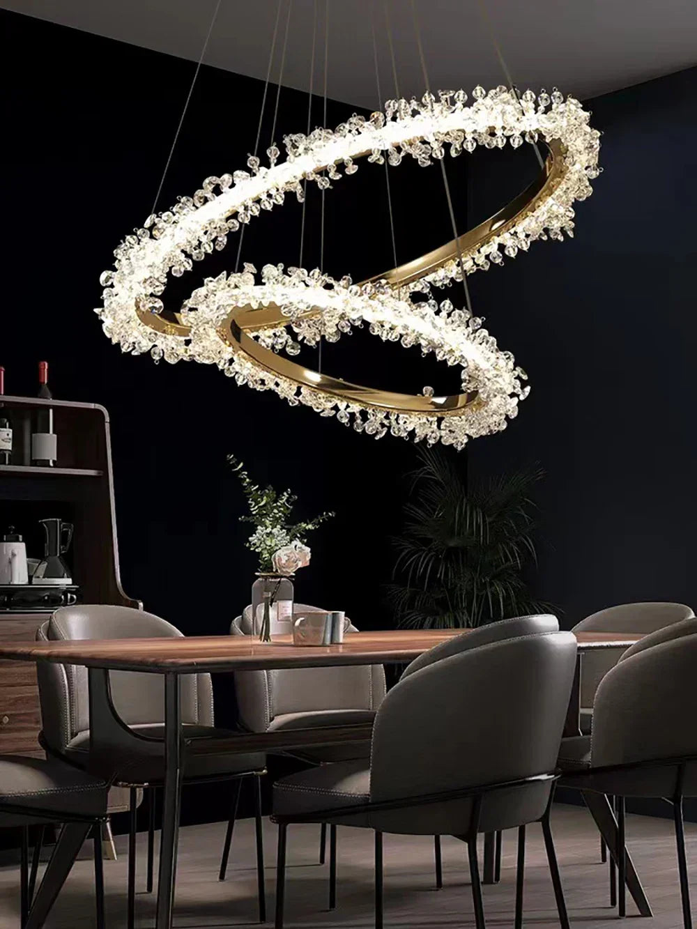 DecorBites™ Crystal Gold/Black Ring LED Chandelier: Minimalist Luxury Hanging Ceiling Light Fixtures