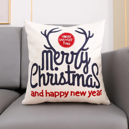 DecorBites™ Christmas Embroidery Cushion Cover 45x45cm Santa Deer Snowflake Pillowcase Square Cotton