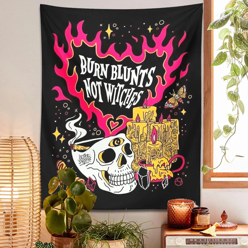 Decobites Skull Moon Tapestry: Psychedelic Boho Witch Tarot Moth Wall Hanging Skeleton