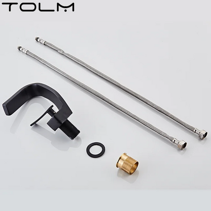 TOLM Brass Black Gold Basin Faucet Bathroom Sink Faucets Hot Cold Water Mixer Crane Deck Mounted Single Handle Hole Bath Kitchen