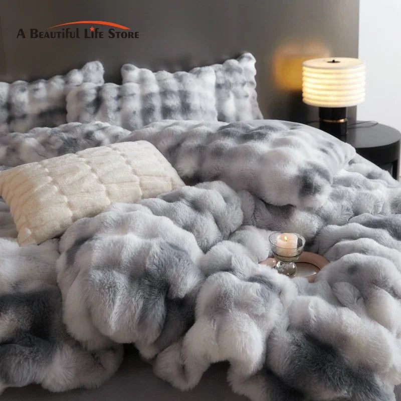 DecorBites™ Gradient Blue & Grey Faux Rabbit Fur Bedding Set: Velvet Fleece Duvet, Sheets, Pillowcases