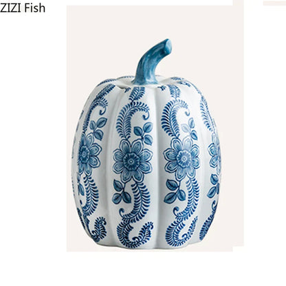 DecorBites™ Blue White Porcelain Pumpkin Vase Desk Decoration Artificial Flowers Bouquet