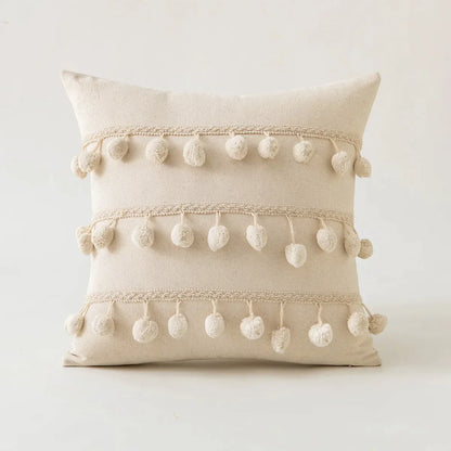 DecorBites™ Beige Tufted Fringed Cushion Cover Cotton Linen Tassel Crochet Pillow Cover