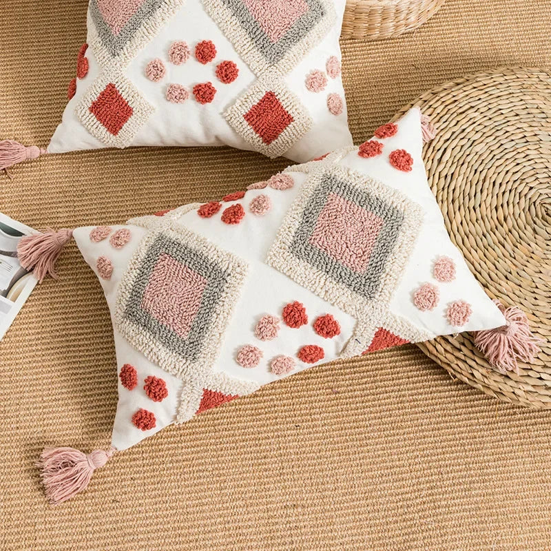 DecorBites™ Boho Loop Tufted Tassel Pillow Cover - Ethnic Embroidered Decorative Cushion