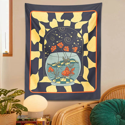 Decobites Psychedelic Goldfish Tapestry Wall Hanging Star Geometry Flower Decor