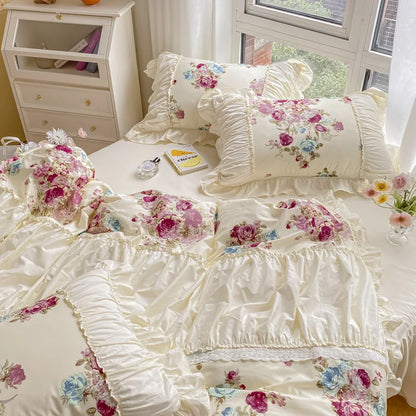 Decobites Rose Print Cotton Bedding Set with Pleated Ruffles and French-Inspired Design