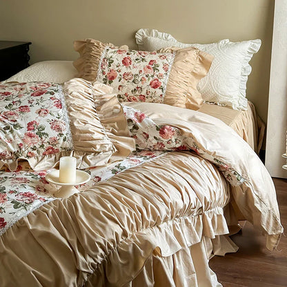 Decobites Vintage Floral Lace Ruffles Bedding Set, 100% Cotton, Duvet, Sheets, Pillowcases