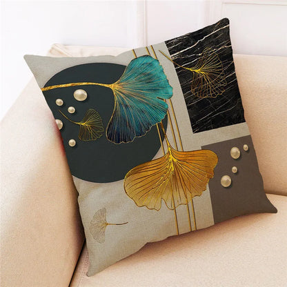 غطاء وسادة من الكتان بنقشة أوراق الجنكة من DecorBites™ للديكور المنزلي العصري وغرفة المعيشة