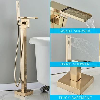 DecorBites™ Gold Bathtub Faucet Set Hot Cold Water Shower Mixer Tap Waterfall Floor Stand
