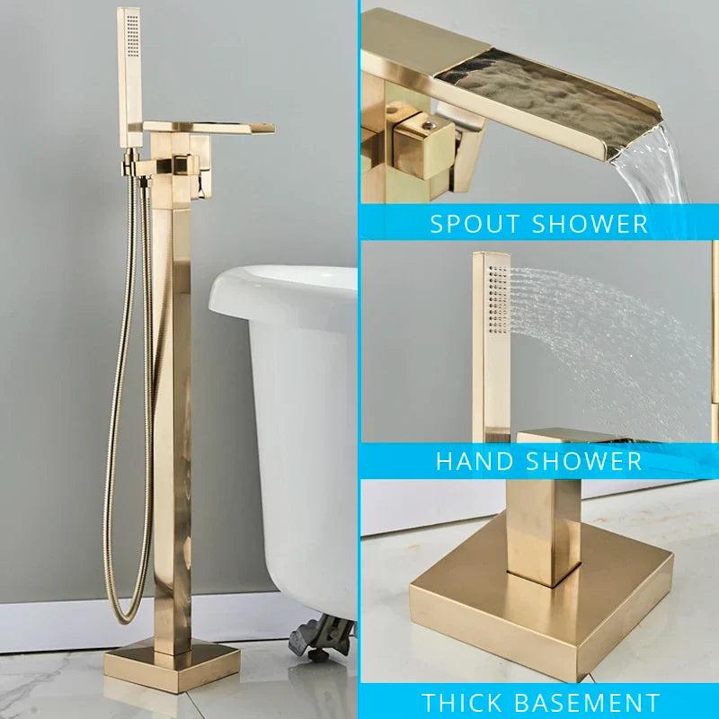 Juego de Grifos para Bañera de Oro Decorbites™ Mezclador de Ducha de Agua Caliente y Fría Grifo de Cascada Soporte de Suelo