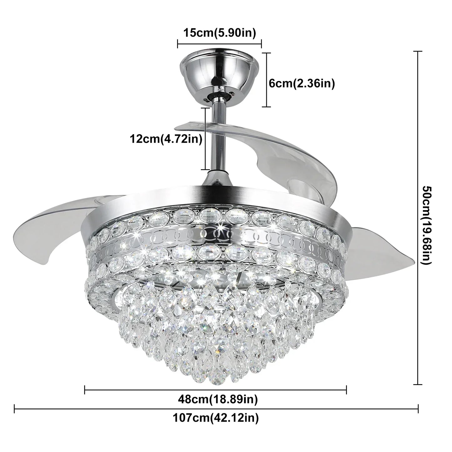 DecorBites™ Crystal Fan Chandelier LED Light Retractable Blades Dimmable Remote Modern Home Decor