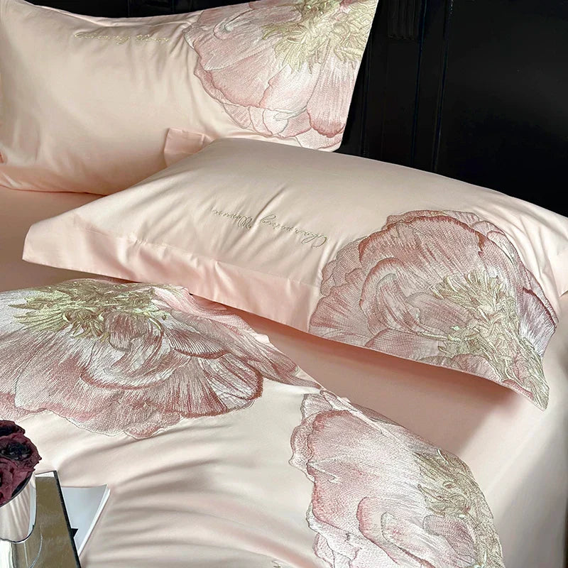 Decobites Luxury Pink Blue Champagne Flowers Embroidery Bedding Set 1000TC Egyptian Cotton