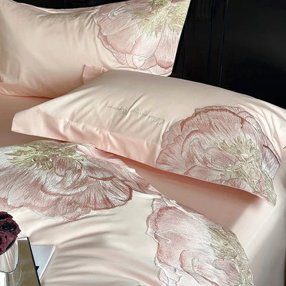 Decobites Luxury Pink Blue Champagne Flowers Embroidery Bedding Set 1000TC Egyptian Cotton