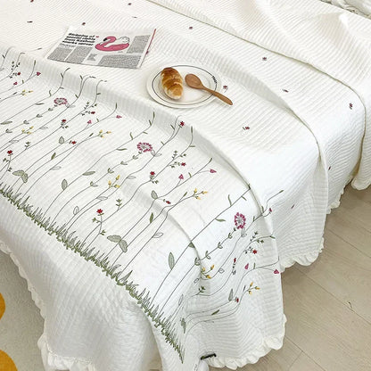 Decobites Fresh Flower Embroidered Summer Quilt Set - Lightweight Ruffled Comforter