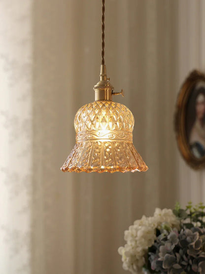 Vintage Amber Glass Pendant Light With Brass Detail