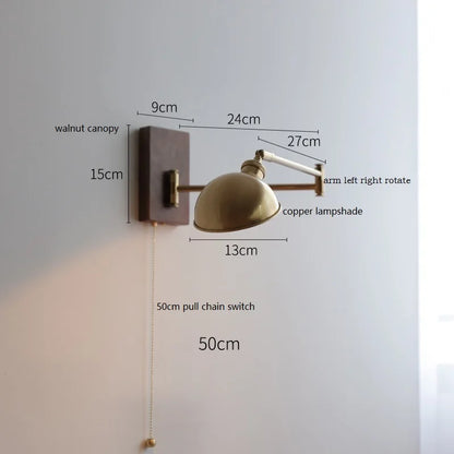DecorBites™ Clear Glass Copper LED Wall Light with Pull Chain Switch & Walnut Wood Canopy