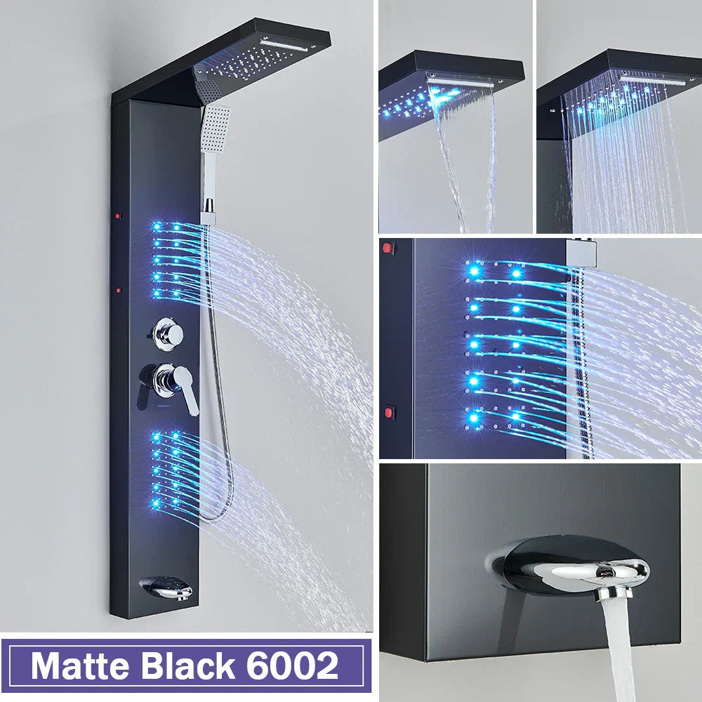 Columna de ducha DecorBites™ negra con iluminación LED, chorros de masaje y grifo mezclador tipo cascada